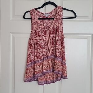 Patrons of Peace Marron, and Cream Printed V-Neck Tank with Purple Border